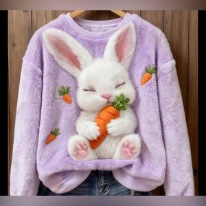 Plush Lavender Bunny Pullover with Carrot Motif